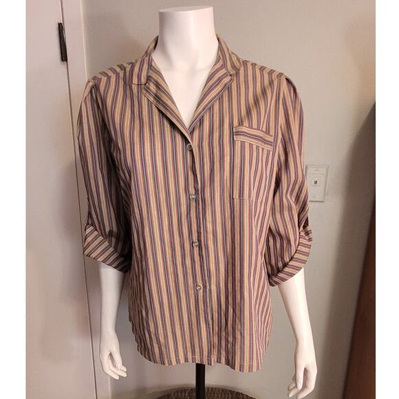Vintage 80s La Blouse Pinstripe Button-Down Sz 18 Retro Preppy Heritage Neutral - Picture 1 of 10